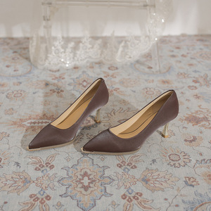 Brown Genuine Leather Pointed Toe Stiletto Heel Pumps Slip-On Formal Shoes For Women All Seasons High Heeled Shoe - Product Image 1
