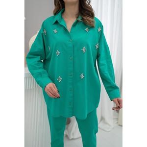 Women's <b>Linen</b> Sleepwear <b>Set</b> Classic Green Stone Embellished Wholesale - Product Image 1