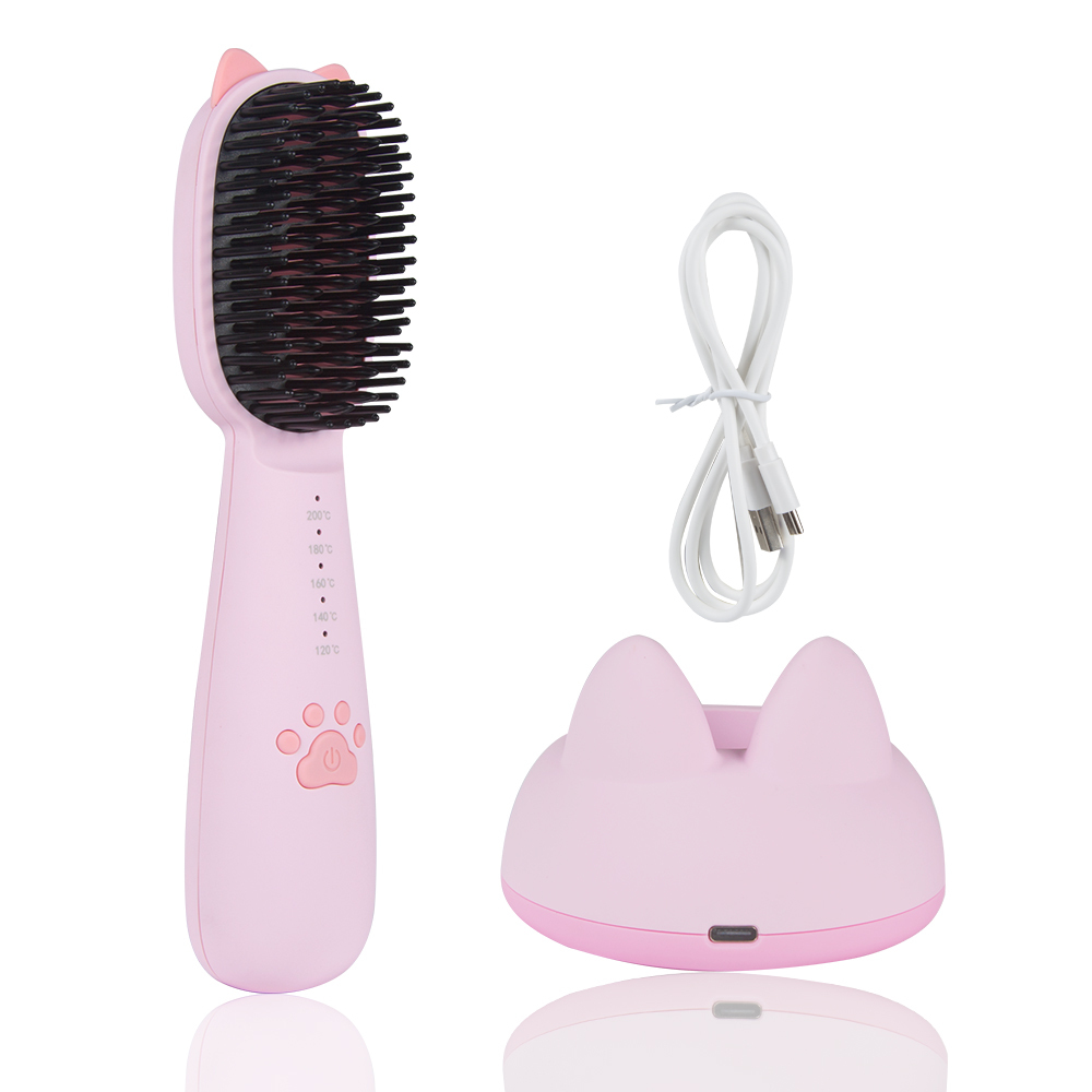 Cute Pink Design Charming Appearance Cat Plam Cordlss USB LED Display Hair Straightener Brush With Strong Charging Base