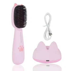good price portable pink wireless usb hair straightener comb small size straightening hair cordless brush with base for girls