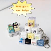 Porte-clés LED carré personnalisé au design créatif, en acrylique, motif dessin animé mignon, avec fonction clicker anti-stress, étanche, impression en relief