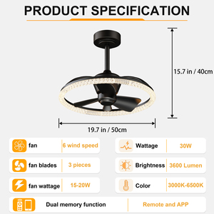 19.7'' Modern <b>Crystal</b> Ring Fandelier <b>Ceiling</b> Fan with <b>LED</b> <b>Light</b> APP & Remote Control 3000K‑6500K Memory Function for Bedroom - Product Image 6