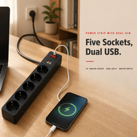 Multiprise HAOYONG 16A en cuivre avec 2 ports USB, protection contre les surtensions, 5 prises, rallonge