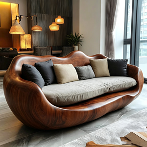 Organic Modern Sculpted Wood Ergonomic Curved Lounge Couch with Plush <b>Cushion</b> for High-End Residential Use - Product Image 4