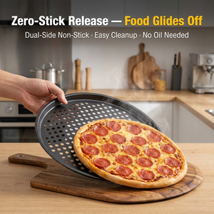 Plaque à pizza perforée en acier <span class=keywords><strong>au</strong></span> carbone, antiadhésive, pour croûte croustillante, qualité alimentaire, compatible four, fabrication directe usine, OEM ODM, taille personnalisée - Product Image 4