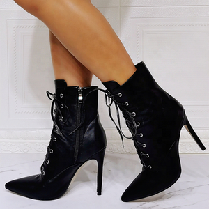 Bottines décontractées pour femmes, style spécial, noires, à talon haut, sexy, à bout pointu, à lacets, pour l'hiver, grandes tailles 47 - Product Image 2