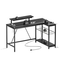 Bureau d'angle en L avec tiroirs, étagère, double poste de travail, structure métallique durable, surface en bois, pour chambre, bureau à domicile, jeux vidéo