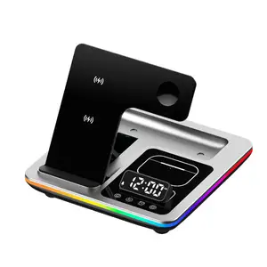 Qi Chargeur Sans Fil pengisi daya multifungsi, induksi Universal 5 En 1 untuk iPhone Samsung pengisian daya nirkabel dengan jam Alarm