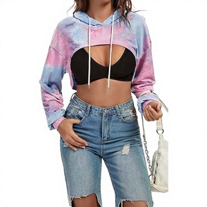 Sudadera Corta con Capucha para Mujer, Estilo Tie Dye, Manga Larga, Informal, de Verano, Tejida en Algodón, Diseño Asimétrico con Bolsillos - Product Image 1