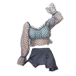 Conjunto de traje de baño de dos piezas para mujer Baiya, top corto de manga larga con falda, cintura elástica, línea A, azul, para vacaciones en aguas termales - Product Image 5