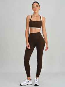 Soutien-gorge de sport marron à bretelles avec bordure blanche, dos croisé, anti-transpiration, compression, maintien, fitness, hautement extensible - Product Image 5