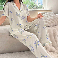 Pyjama imprimé 2 pièces, ensemble de vêtements de détente boutonnés pour femme, pyjama à fleurs pour femme, vente en gros