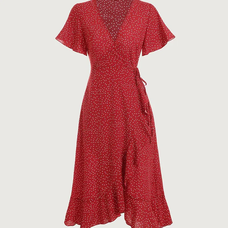 Phong cách mới bán buôn tay áo ngắn mùa hè dài Polka Dot Casual Red Dành cho người lớn Dresses