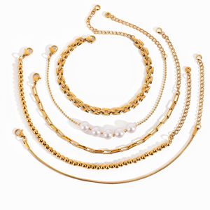 Yueli Jewelry <b>Set</b> 5Pc Gold Tone <b>Bracelets</b> With Freshwater Pearl Layered Design Unisex Everyday Wear - Product Image 5