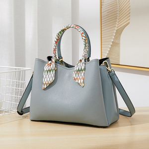Bolsos de Mano de Cuero Genuino para Mujer, al por Mayor en China, Bolso Tote Clásico de Lujo Azul, de Gran Capacidad, con Asa Superior, Portátil, con Pañuelo - Product Image 5