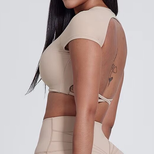 Fashion Crisscross Backless Cropped Workout Top Women's Short Sleeve Twist Tie Gym T-Shirt Quick Dry Yoga Activewear