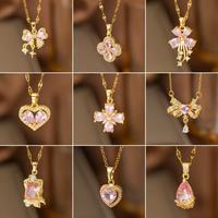 Kalung Liontin Zooying Zirkonia Kubik Merah Muda Gaya Artisan Delikat Rantai Klavikula yang Dapat Disesuaikan untuk Wanita