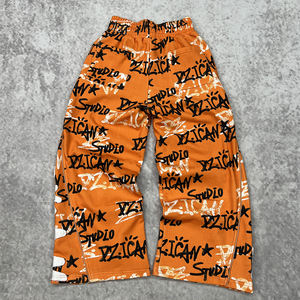 Streetwear Patch Embroidery <b>Trousers</b> Custom French Terry Zip Up <b>Men</b> Sweatpants Screen Printing Patchwork Wide Leg <b>Baggy</b> Pants - Product Image 2