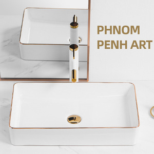Lavabo redondo personalizado <span class=keywords><strong>pequeño</strong></span> de cerámica blanca brillante, lavabo de encimera, lavabos de baño <span class=keywords><strong>con</strong></span> línea dorada, barato - Product Image 4