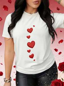 T-Shirt da Donna per San Valentino a Maniche Corte con Stampa Cuore, Collo Tondo, Casual, Traspirante, Leggera, Comoda, 100% Cotone Jersey - Product Image 3