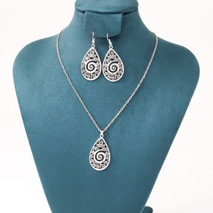 Ensemble de bijoux ethniques en alliage plaqué argent antique, collier et boucles d'oreilles pendantes en forme de goutte d'eau, bijoux de mode pour femmes, design géométrique - Product Image 5