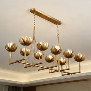 Lámpara Colgante Retro Americana con Diseño de Flor de Loto Dorada, Lámpara de Techo Metálica Grande Estilo Alberto para Comedor, Lámpara Colgante Antigua - Product Image 1