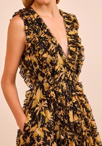 Women's Boho Black Gold <strong>Floral</strong> Print Ruffle Tiered Maxi <strong>Dress</strong> V Neck Sleeveless <strong>Cocktail</strong> Party Vacation <strong>Dress</strong> - Product Image 3