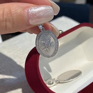 Pendentif étoile à six branches en argent pur S925 avec design de niche, style vintage français simple, ovale brossé, charme religieux - Product Image 4