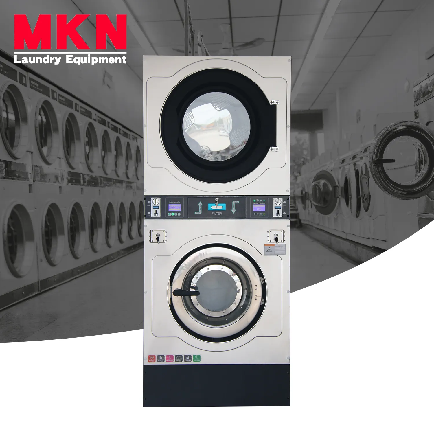 MKN 1 में 2 कपड़े धोने का वाशिंग मशीन सिक्का-संचालित वॉशर और ड्रायर सिक्का संचालित सिक्का धोने