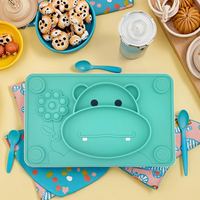 Assiette pour bébé en silicone de qualité alimentaire avec un adorable motif de hippopotame extensible, sans BPA, non toxique, base à ventouse pour une alimentation sécurisée