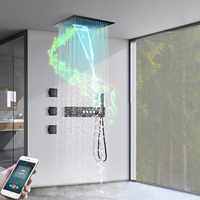 Ensemble de douche thermostatique avec pomme de douche LED Bluetooth musicale à cascade de plafond encastrée noire 400X400mm