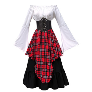Retro Medieval Off Shoulder <b>Top</b> And Skirt Set For Women Spring 2025 Costume Full Irregular <b>Layered</b> Dress Cosplay Outfit - Product Image 3