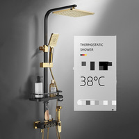 HOMEDEC HD-SET062 Système de douche moderne de luxe en laiton noir et or avec robinet thermostatique en céramique, fonctions jet de pluie et massage, douche murale