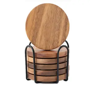 Popular Customised Round Wood Coasters Acacia Wooden Coasters With Non-Slip Pad Cup Coasters For Home