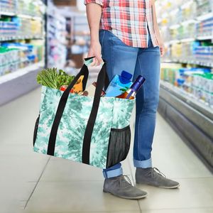 Bolsa de Compras con Logotipo Personalizado, Estampado Tie Dye Verde Azulado, Bolsa de Playa Plegable Grande, Bolsa de Supermercado Reutilizable con Bolsillos de Malla - Product Image 2