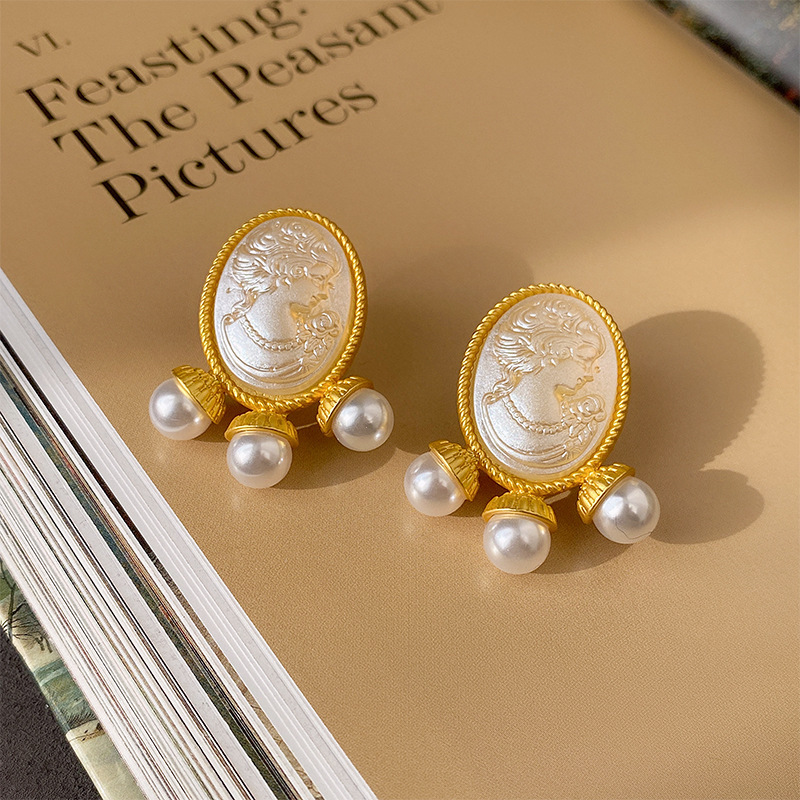 10 # Argent Aiguille Médiévale Portrait Perle Boucles d'oreilles
