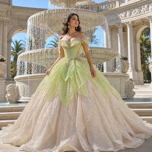 ชุดเดรสงาน Quinceanera สีเขียวกลิตเตอร์ประดับคริสตัลและเพชรเทียมสีตัดกัน รุ่น 1564 สำหรับเด็กผู้หญิง - Product Image 1