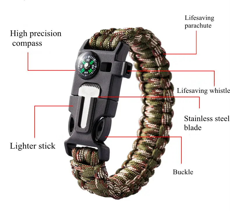 Amazon Hot Sale Multifunction Camping Bracelet With Emergency Whistle Fire Starter Blade Precision Compass
