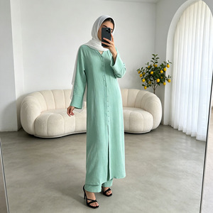 ชุดอาบายะสีเขียวมิ้นท์สุดหรูสำหรับผู้หญิง ชุดมุสลิมแบบเปิดด้านหน้าพร้อมเชือกผูก เสื้อคลุมแฟชั่นแบบเรียบร้อย - Product Image 4