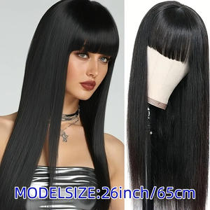 Perruque synthétique noire droite de 26 pouces avec frange, bonnet ajustable, haute densité, aspect naturel, résistante à la chaleur, pour usage quotidien et musique - Product Image 5