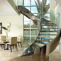 Escalier Courbé de Luxe Élégant Directement de l'Usine avec Marches en Bois Massif et Rampe en Acier Inoxydable pour Villa et Bureau