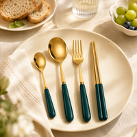 Ensemble d'ustensiles de table en acier inoxydable, finition miroir, manche vert malachite, pour hôtel, restaurant, restauration, vente en gros
