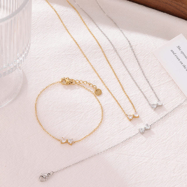 OEM/ODM Fashion 14K Gold Plated Stainless Steel CZ Jewelry Set Zircon Bow Knot Charm Bracelet Necklace