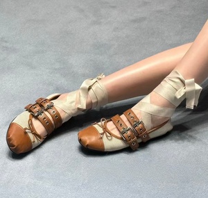 2026 New Style American Sweet Cool Double-Tie Canvas Patch Cowhide Bow One-Strand <b>Ribbon</b> Flat <b>Ballet</b> <b>Shoes</b> - Product Image 1