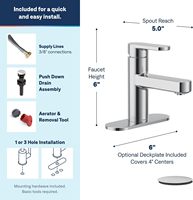 Robinet de lavabo moderne Moen Laris en chrome poli, durable, à poignée unique, monotrou, avec plaque de fixation optionnelle et ressort intégré