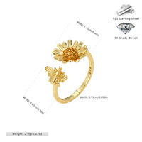 Bague ouverte à la mode individualiste en argent sterling S925 avec abeille tournesol et zircon