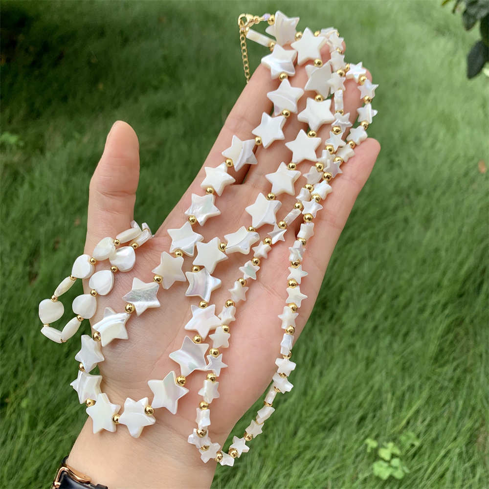 LS-A3671 Nature Mother of Pearl Shell Star Chain Necklace Women Gold Copper Beads Vintage Collar Female Sweet Jewelry Gift