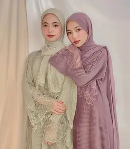 热穆斯林亚麻女孩女士开放穆斯林平原服装批发Burkha Baju Kurung雪纺最新Abaya套装2件设计