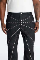 Jeans évasés personnalisés OEM pour hommes, en denim noir, avec clous et rivets métalliques, style punk rock, coupe cloche, streetwear gothique, Y2K rétro, délavé