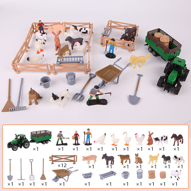 Ensemble de 42 pièces : animaux de la ferme, personnages et outils.